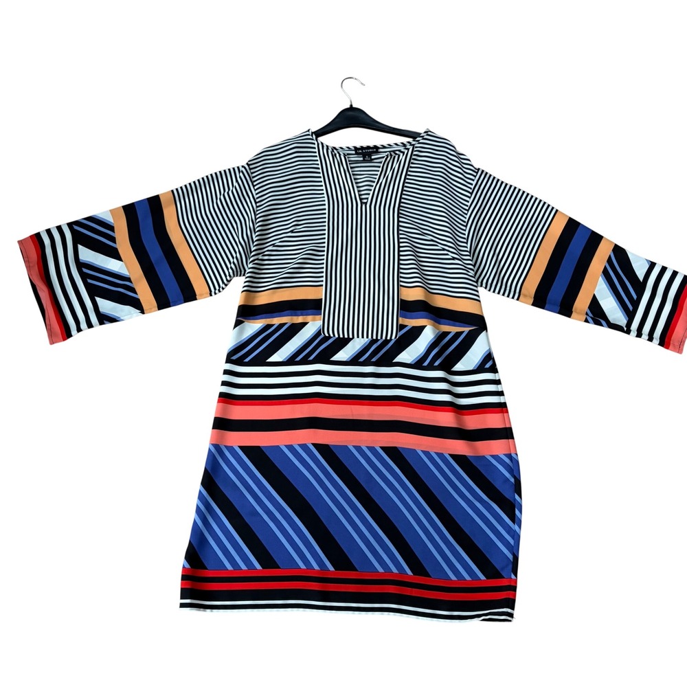 IN Studio Womens Striped Kimono Sleeve Shift Dress Size 6 Mod Boho Sheer Resort